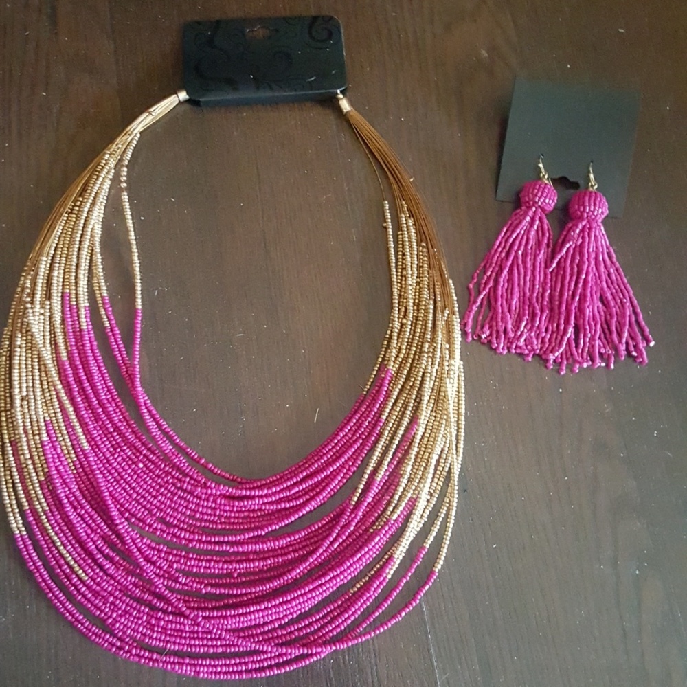 Beaded Multi-Strand Necklace & Earrings Boho Style